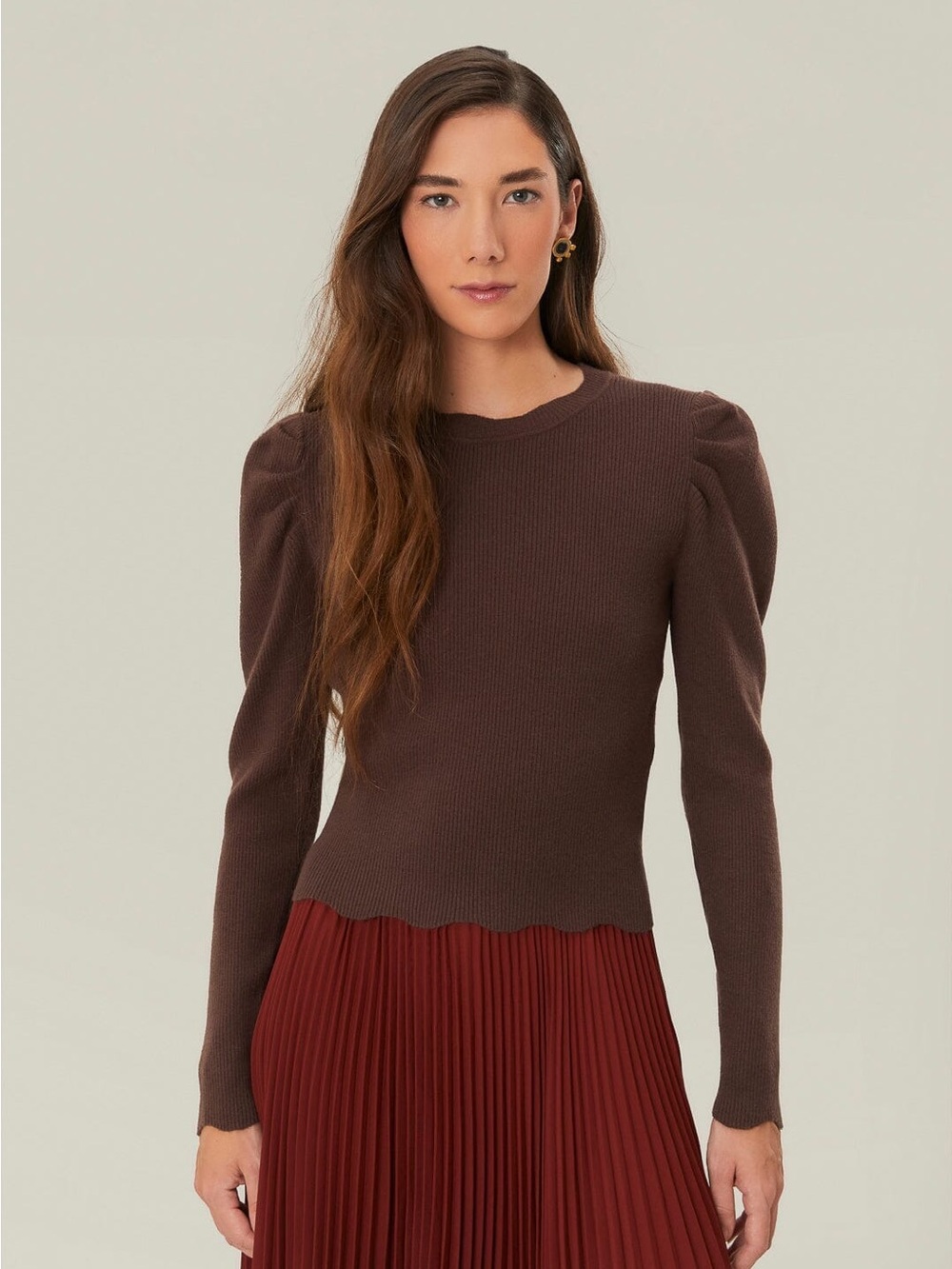 FARM Rio Chocolate Brown Puff-Sleeve Ribbed Top